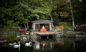 Pond at Church Estate Vineyards
Photography: Mi Belle Photographers
Read More:
http://www.insideweddings.com/weddings/elegant-red-gold-wedding-in-malibu-california/366/ White wedding cake is placed in front of the pond at Church Estate Vineyards