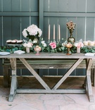 Rustic Chic Dessert Table
Photography: Steve Steinhardt
Read More:
http://www.insideweddings.com/weddings/charming-and-romantic-engagement-party-in-the-hollywood-hills/1118/ engagement party inspiration, rustic chic desserts, lots of greenery, glowers, candles, cupcakes