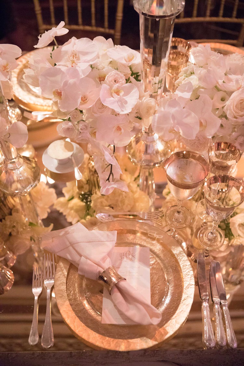 Orchid %26 Rose Flowers with Place Setting
Photography: The Day by Ira Lippke
Read More:
http://www.insideweddings.com/weddings/opulent-luxury-wedding-with-timeless-color-palette-in-new-york-city/1199/ wedding reception place setting monogram menu charger metallic napkin ring mirror top orchid rose