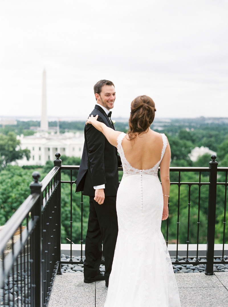 Washington Monument "First Look"
Photography: Branco Prata
Read More:
http://www.insideweddings.com/weddings/chic-destination-wedding-with-california-style-in-washington-dc/1042/ Bride in wedding dress with beaded back low scoop back lace groom in tuxedo first look washington dc