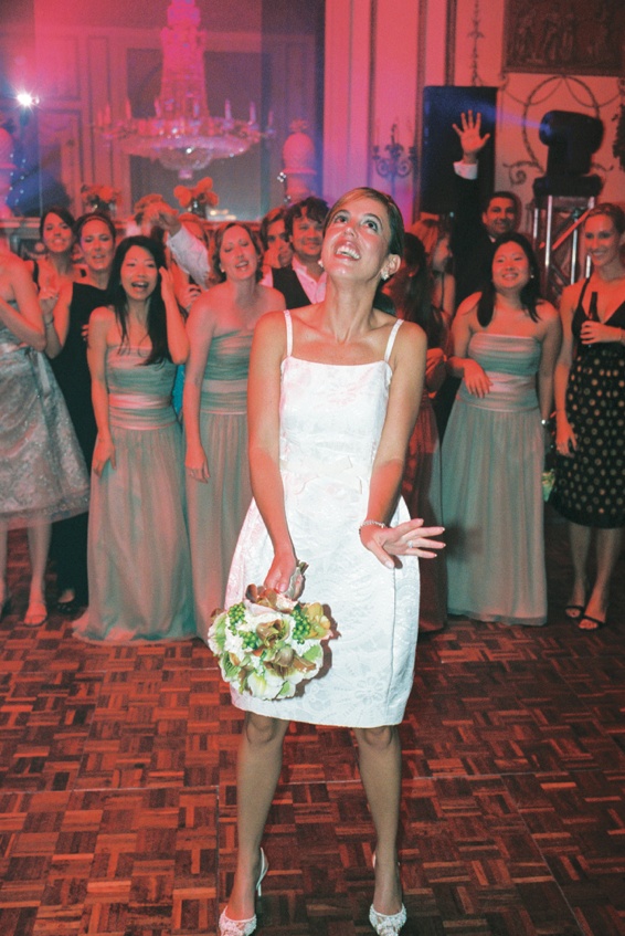The Bouquet Toss
Photography: Gruber Photographers
Read More:
http://www.insideweddings.com/weddings/english-garden-inspired-fall-wedding-in-new-york-city/210/ Bride in Bill Blass tulip dress at reception