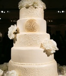 Lace Wedding Cake
Photography: Callaway Gable
Read More:
http://www.insideweddings.com/weddings/sunset-ceremony-neutral-toned-ballroom-reception-in-beverly-hills/578/ White cake with lace details, monogram, and fresh peonies