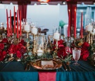 Navy Linens and Red Tapered Candles
