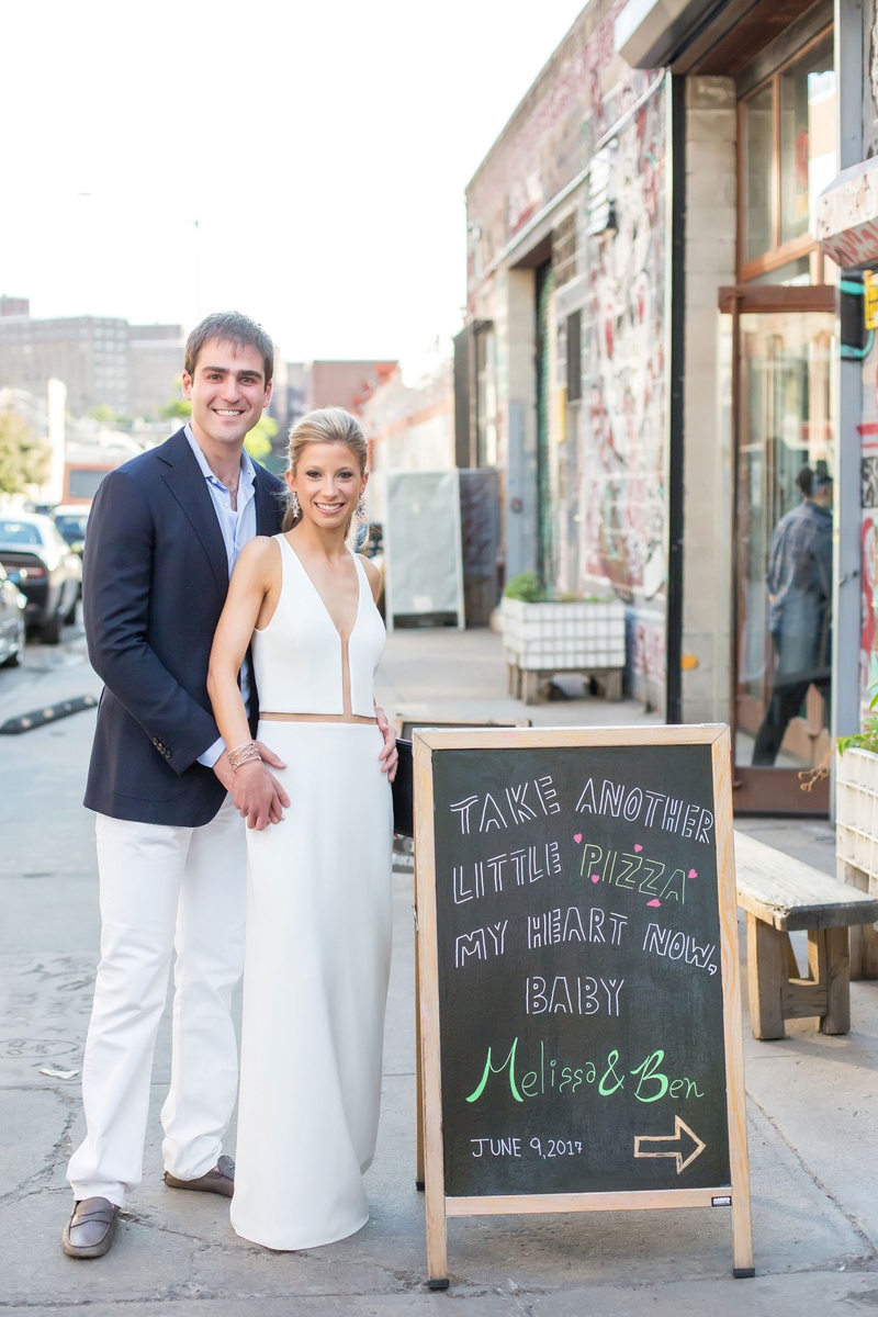Couple by Sign for Rehearsal Dinner
Photography: Maya Myers Photography
Read More:
http://www.insideweddings.com/weddings/colorful-tented-rehearsal-dinner-with-garden-elements-in-brooklyn/1188/ rehearsal dinner outfit inspiration, alexander wang cutout dress, pizza rehearsal dinner
