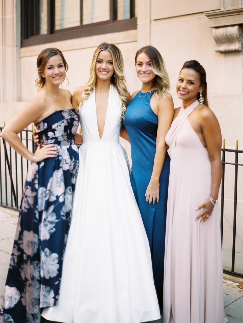 Bride with Close Friends
Photography: Abby Jiu Photography
Read More:
http://www.insideweddings.com/weddings/modern-wedding-with-a-black-and-white-palette-in-washington-dc/1236/ bride in romona keveza a-line gown plunging neckline with friends, no bridesmaids