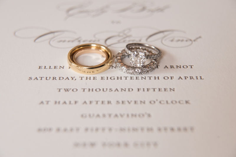Gold and Diamonds Bands with Engagement Ring
Photography: Ira Lippke Studios
Read More:
http://www.insideweddings.com/weddings/chic-classic-new-york-city-wedding-with-personal-touches/783/ two wedding bands one gold one diamond atop couples wedding invitation with engagement ring