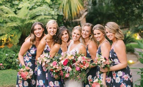 Floral Bridesmaid Dresses
Photography: Bryan Miller Photography
Read More:
http://www.insideweddings.com/weddings/church-ceremony-tropical-outdoor-reception-in-san-diego/1192/ Bride with six bridesmaids in navy blue flower print dresses tropical wedding ideas