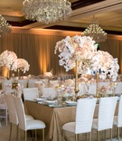 Covered White Chairs and Chandeliers
Photography: Jessica Claire Photography
Read More:
http://www.insideweddings.com/weddings/traditional-armenian-ceremony-luxurious-ballroom-reception/1006/ white covers on chiavari chairs, gold stands and floral arrangements orchids blush roses chandeliers