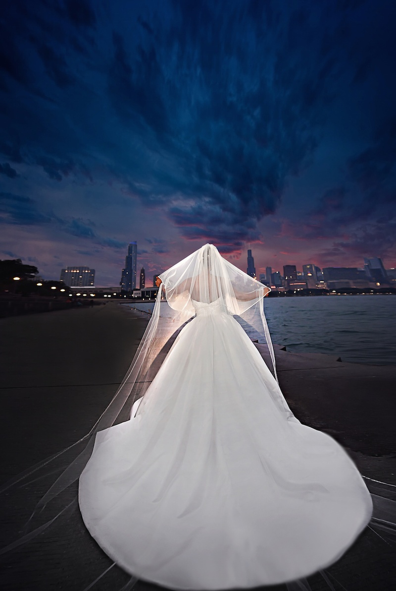Bride at the Picturesque Chicago Lakefront
Photography: Carasco Photography
Read More:
http://www.insideweddings.com/weddings/city-wedding-at-chicago-planetarium-with-purple-yellow-palette/688/ Bride in a strapless Pnina Tornai dress with cathedral train, Peter Langner veil, Chicago Lakefront