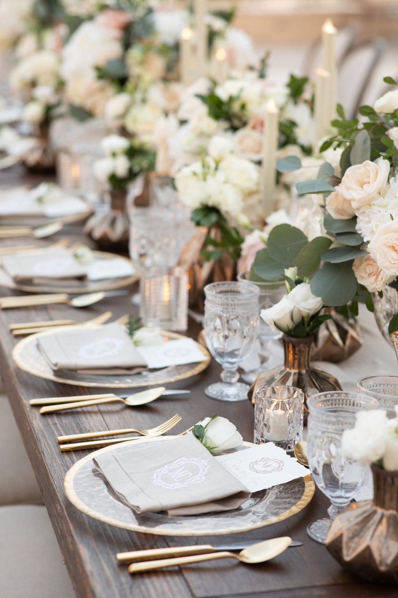 Neutral Wedding Tablescape
Photography: Collin Pierson Photography
Read More:
http://www.insideweddings.com/weddings/beach-wedding-ceremony-romantic-reception-inspiration-in-cabo/1304/ wedding tablescape decor gold flatware charger blush ivory flowers eucalpytus antique glassware
