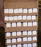 Burlap %26 Clothespin Seating Chart
Photography: Jamie Levine Photography
Read More:
http://www.insideweddings.com/weddings/outdoor-ceremony-rustic-tented-reception-on-marthas-vineyard/927/ Burlap seating chart for rustic wedding miniature clothespin details on ivory cards