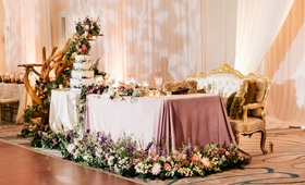 Driftwood Sculpture at Sweetheart Table
Photography: Anastasiia Photography
Read More:
http://www.insideweddings.com/weddings/interfaith-wedding-with-purple-emerald-color-palette-in-florida/1300/ wedding reception ballroom sweetheart table gold antique settee purple linen greenery driftwood cake