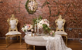 Vintage-Inspired Lounge Area
Photography: Kesha Lambert Photography
Read More:
http://www.insideweddings.com/weddings/adorable-flower-girls-in-a-ballet-inspired-styled-shoot/1000/ wood floors, vines on brick wall, vintage-inspired chairs