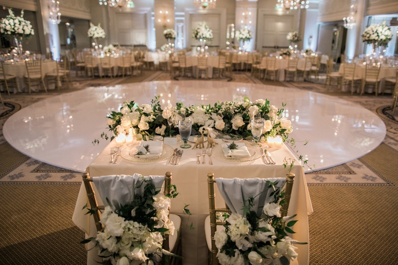 Sweetheart Table In Front Of Round Dance Floor Chiavari Chairs With Blue Fabric And Florals Sweetheart Table In Front Of Round Dance Floor Chiavari Chairs With Blue Fabric And Florals