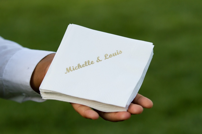 Personalized Cocktail Napkin
Photography: Aaron Watson Photography
Read More:
http://www.insideweddings.com/weddings/classic-virginia-wedding-inspired-by-grace-kellys-elegance/511/ White beverage napkin with gold couple names