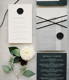 Black + White Wedding Paper Goods
Photography: Carrie King Photography
Read More:
http://www.insideweddings.com/weddings/chic-winter-wedding-at-a-church-industrial-artsy-venue-in-denver/1289/ wedding invitation with black wax seal monogram reception card and detail event card for the weekend