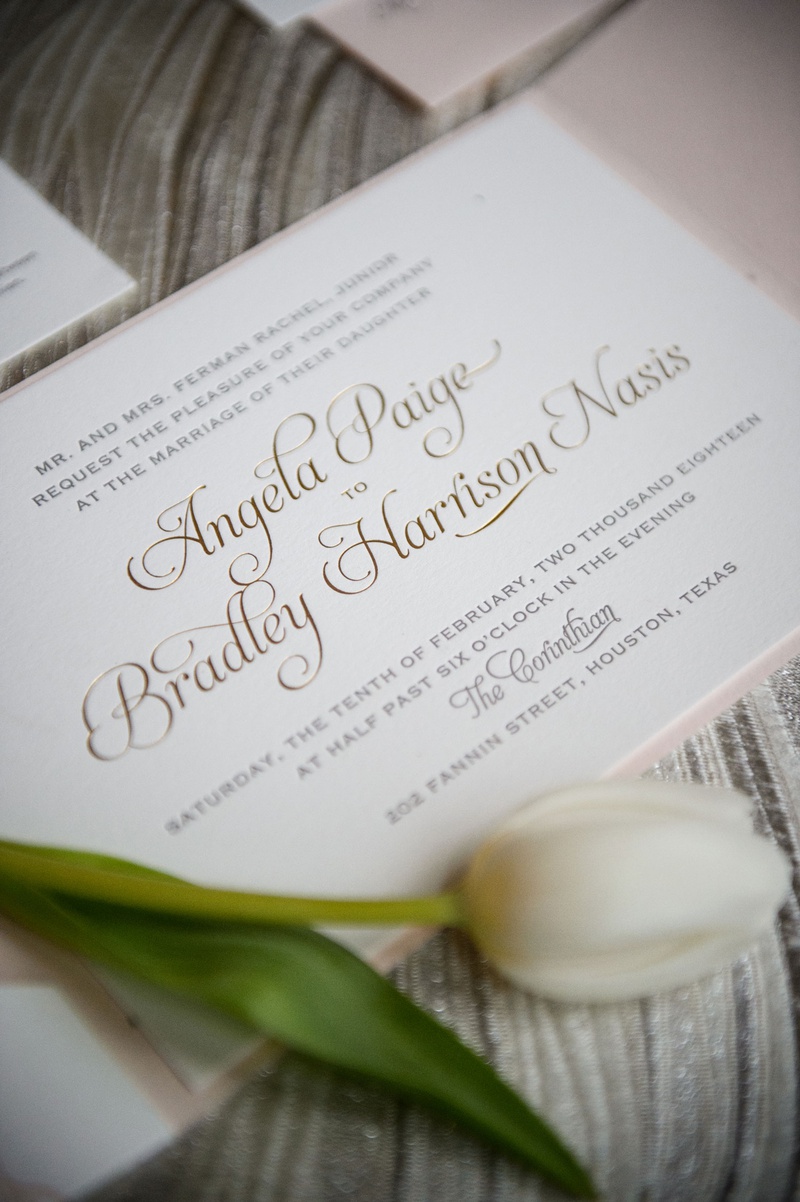 Wedding Invitation with Gold Foil Lettering
Photography: Chris Bailey Photography
Read More:
http://www.insideweddings.com/weddings/modern-elegant-ballroom-wedding-with-white-flowers-in-houston/1246/ wedding invitation with tulip on top gold foil calligraphy script the corinthian houston invitation