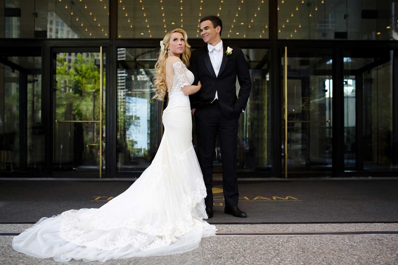 Phillips Demming %26 Philip Cooper
Photography: Studio This Is
Read More:
http://www.insideweddings.com/weddings/glamorous-city-style-real-wedding-at-a-luxury-hotel-in-chicago/1217/ bride in galia lahav wedding dress low back half sleeves long blonde hair groom in tuxedo white tie