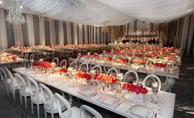 Ballroom Tent Reception
Photography: KingenSmith
Read More:
http://www.insideweddings.com/weddings/modern-black-white-chicago-wedding-with-hints-of-pink/613/ White and grey drapery around reception room with white and pink decorations