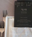 Black-and-White Menu Card
Photography: Kelly Guenther Studio
Read More:
http://www.insideweddings.com/weddings/penthouse-suite-wedding-in-new-york-citys-soho-neighborhood/507/ Art Deco-inspired menus in white linen napkin