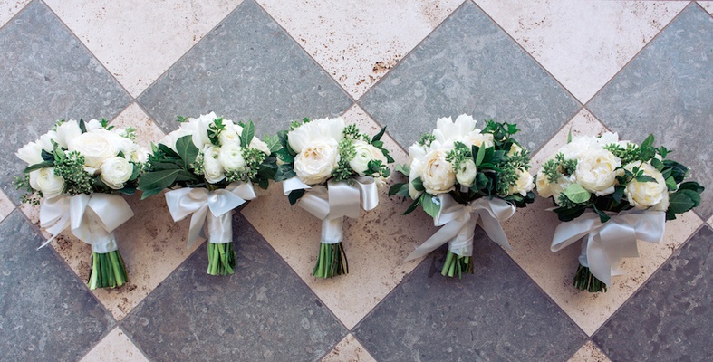 Bridesmaid Bouquets With White Ranunculus And Rose Flowers Bridesmaid Bouquets With White Ranunculus And Rose Flowers