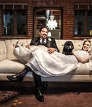 Bride Lies on Couch with Groom and Dog
Photography: Joe Photo
Read More:
http://www.insideweddings.com/weddings/the-unique-and-intimate-wedding-of-trains-bassist-hector-maldonado/879/ hector maldonado bassist from train in tommy hilfiger, bride in oscar de la renta on couch dachshund