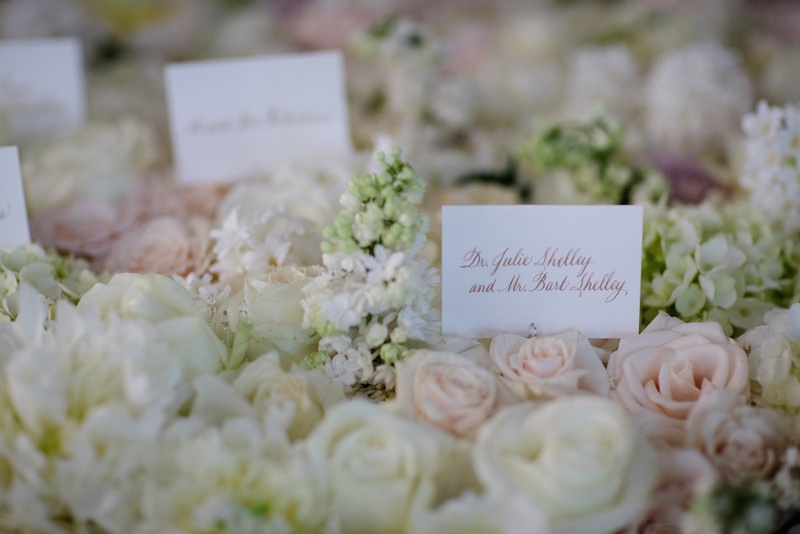 Escort Card in Bed of Flowers
Photography: Karlisch Studio
Read More:
http://www.insideweddings.com/weddings/southern-chic-wedding-in-oklahoma-with-performance-by-boyz-ii-men/697/ Wedding place cards written in gold script in white, pink roses, light green hydrangeas