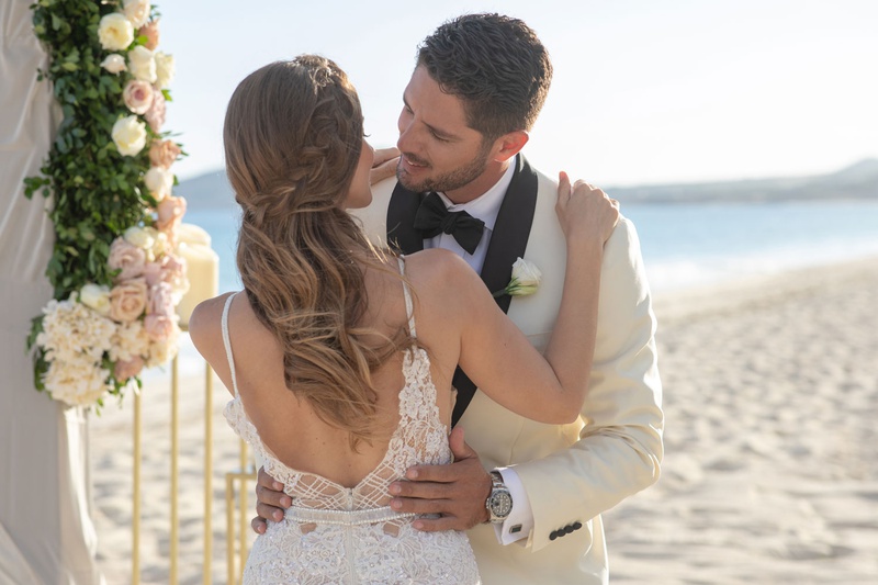 Bride %26 Groom at Beach Wedding in Cabo
Photography: Collin Pierson Photography
Read More:
http://www.insideweddings.com/weddings/beach-wedding-ceremony-romantic-reception-inspiration-in-cabo/1304/ wedding inspiration shoot bride in low back berta wedding dress braid hairstyle groom white tuxedo