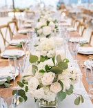 Roses and Eucalyptus Centerpieces
Photography: Nicole Barr Photography
Read More:
http://www.insideweddings.com/weddings/ceremony-overlooking-the-bay-tented-reception-at-beach-house/1295/ head table with small centerpieces down the middle with rose and eucalyptus leaves