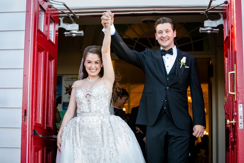 Bride %26 Groom Excitedly Leaving Church
Photography: Magnolia Studio
Read More:
http://www.insideweddings.com/weddings/charming-church-ceremony-romantic-ballroom-reception-in-quebec/1075/ Bride in wedding dress ball gown from kleinfeld bridal cap sleeves jewels bow tie on groom hands up