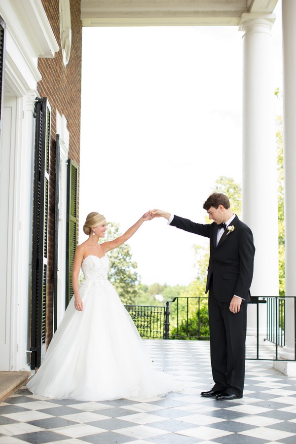 Southern Wedding Couple
Photography: Aaron Watson Photography
Read More:
http://www.insideweddings.com/weddings/classic-virginia-wedding-inspired-by-grace-kellys-elegance/511/ Bride and groom first look on checkered patio floor