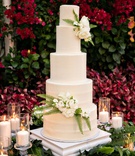 Five-Layer Cake with Flowers and Ferns
Photography: Laurie Bailey Photography
Read More:
http://www.insideweddings.com/weddings/traditional-wedding-at-same-venues-as-the-brides-parents-nuptials/1364/ wedding cake in front of bougainvillea bush white ivory round layers fresh greenery flowers candles