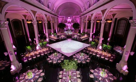 Aerial View of Large Reception Space
Photography: Callaway Gable
Read More:
http://www.insideweddings.com/weddings/modern-in-the-round-ceremony-whimsical-garden-inspired-reception/1155/ Wedding reception vibiana pink lighting violet greenery round rectangular tables dance floor columns