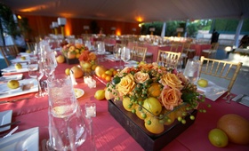 Citrus Wedding Centerpiece
Photography: Paul Barnett Photographer
Read More:
http://www.insideweddings.com/weddings/colorful-celebration-with-sentimental-touches/316/ Wedding reception flower and fruit arrangement