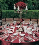 red and black table decor
Photography: Silvia Mautner Photography
Read More:
http://www.insideweddings.com/weddings/red-rose-inspired-backyard-wedding-in-california/42/ round table with red linens and black chairs