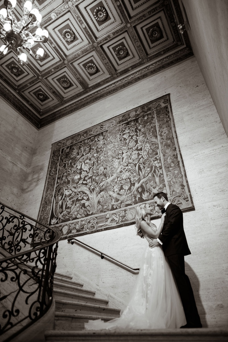 Black %26 White Portrait at Venue
Photography: Bob %26 Dawn Davis Photography
Read More:
http://www.insideweddings.com/weddings/modern-glamorous-jewish-wedding-with-unique-decor-in-chicago/1154/ Black and white photo of bride and groom in chicago at the standard club tapestry ceiling chandelier