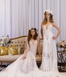 Bridal Gowns %26 Flower Crowns
Photography: Amy Anaiz Photography
Read More:
http://www.insideweddings.com/weddings/luxe-springtime-wedding-inspiration-shoot-with-delectable-desserts/1120/ Bride in tulle ball gown and fringe wedding dress boho v neck with flower crowns on settee tufted