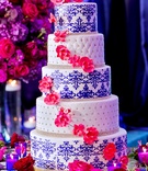 Five-Tier Damask and Pincushion Cake
Photography: Alucinarte Films
Read More:
http://www.insideweddings.com/weddings/vibrant-indian-wedding-with-purple-details-in-new-york-city/815/ five tier wedding cake with layers of blue damask and ivory pincushion. Diamond bands, pink orchids