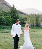 Bride %26 Groom in Sundance, Utah
Photography: Kate Osborne Photography
Read More:
http://www.insideweddings.com/weddings/stylish-destination-wedding-with-gorgeous-blooms-in-sundance-utah/1008/ Bride in strapless inbal dror wedding dress with groom in white tuxedo jacket bow tie sundance utah