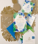 Tropical Print Luxe Invitation Suite
Photography: Jose Villa
Read More:
http://www.insideweddings.com/weddings/opulent-destination-wedding-with-luxe-tropical-decor-in-palm-beach/1158/ Wedding invitation suite blue pink green gold color palette palm monstera leaf gold