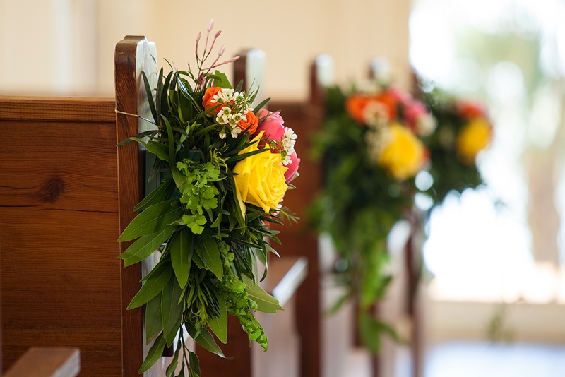 Ceremony Decor Photos Yellow Blooms Greenery On Pews Inside