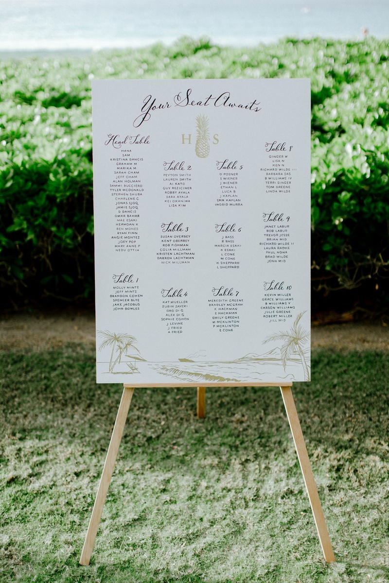 Seating Chart for Hawaii Wedding
Photography: Chris J. Evans Photography
Read More:
http://www.insideweddings.com/weddings/outdoor-winter-ceremony-and-reception-on-the-big-island-in-hawaii/1306/ wedding reception signage your seat awaits pineapple monogram gold drawing of shore and ocean hawaii