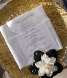 Place Setting
Photography: Bob %26 Dawn Davis Photography
Read More:
http://www.insideweddings.com/weddings/a-dream-winter-wedding-at-the-art-institute-of-chicago/563/ Wedding reception place setting with a gold textured charger and white gardenia