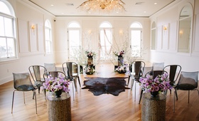 Unique and Intimate Ceremony
Photography: Sarah Pudlo %26 Co
Read More:
http://www.insideweddings.com/weddings/inspirational-wedding-shoot-with-bold-color-scheme-unique-details/1207/ edgy alternative wedding inspiration, black ceremony chairs, cow rug for aisle runner, lavender flow