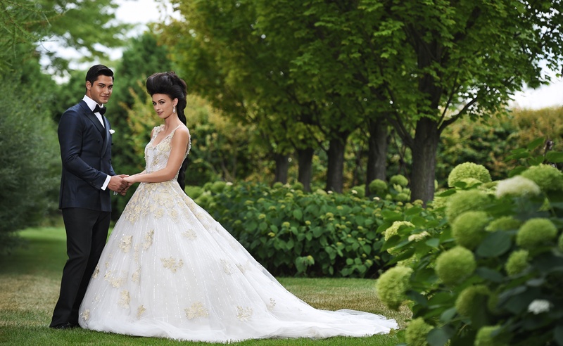 Regal Couple in Garden
Photography: Carasco Photography
Read More:
http://www.insideweddings.com/weddings/styled-shoot-combines-old-world-charm-and-contemporary-fashion/849/ bride in ines di santo julia, ball gown with gold appliques, marie antoinette hair