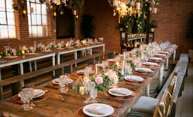Brittany Daniel's Rustic Reception
Photography: Michael Segal Photography
Read More:
http://www.insideweddings.com/weddings/brittany-daniel-and-adam-touni/1110/ Wedding reception rustic chic rose gold copper low flower arrangements flower chandelier wood tables