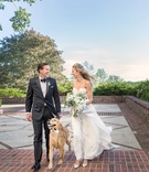 Newlyweds Walking the Dog
Photography: Melani Lust Photography
Read More:
http://www.insideweddings.com/weddings/indoor-ceremony-and-tented-reception-with-modern-neutral-palette/1073/ bride in flowing wedding dress with lace bodice and groom in tuxedo, walking dog