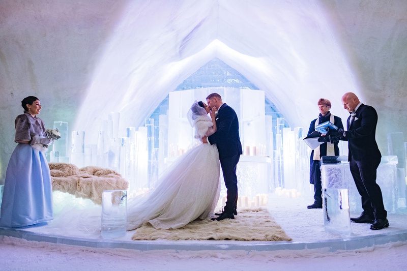 Wedding Ceremony in Ice Castle
Photography: Joel %26 Justyna
Read More:
http://www.insideweddings.com/weddings/dreamy-winter-destination-wedding-in-an-ice-castle-in-quebec-city/1270/ bride and groom kiss ice castle wedding ceremony fur rug ice altar pews unique wedding venue