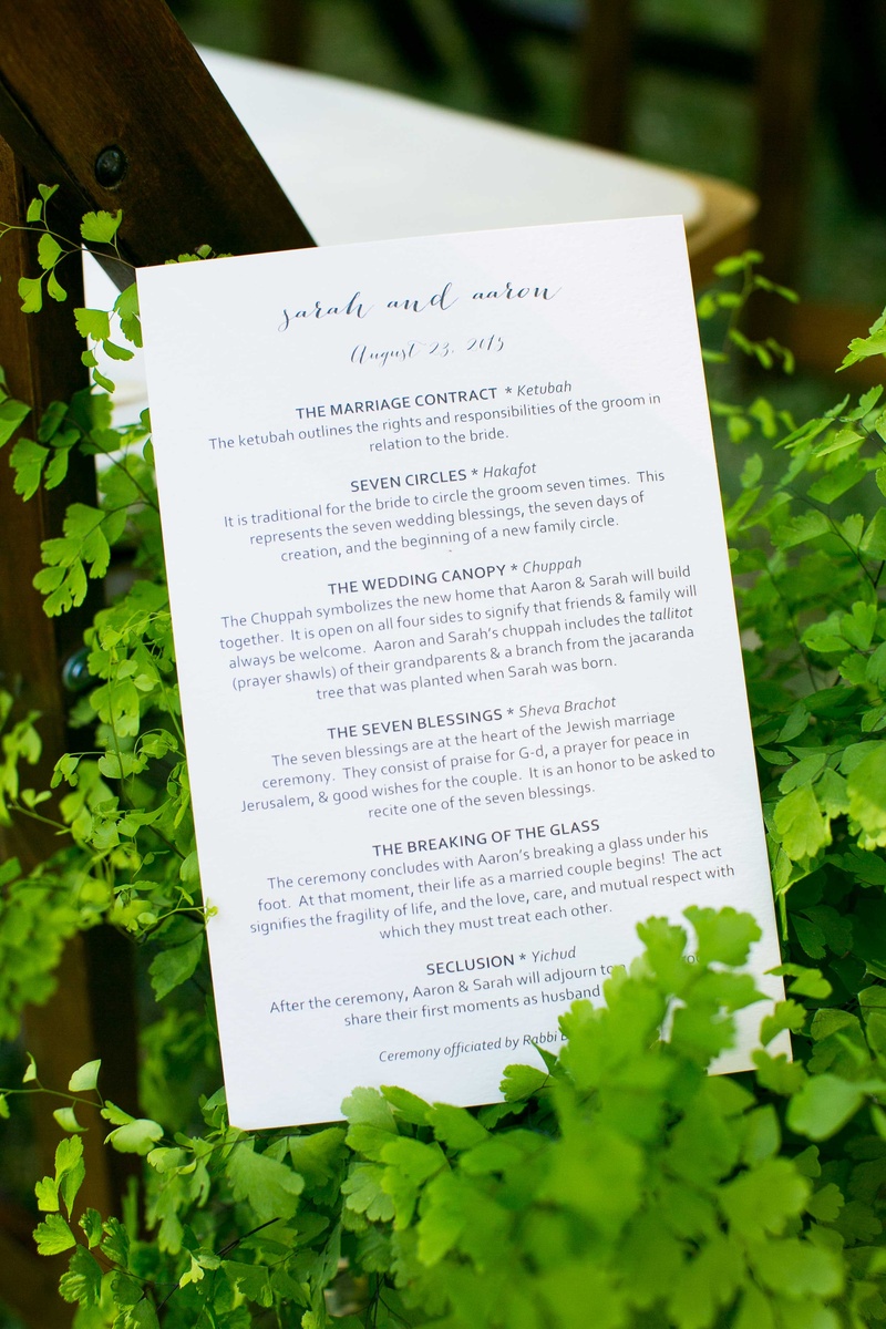 Ceremony Program Amongst Foliage
Photography: Callaway Gable
Read More:
http://www.insideweddings.com/weddings/alfresco-summer-wedding-with-lush-foliage-accents-in-california/805/ a couples ceremony program for tradition jewish wedding sitting amongst green foliage