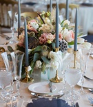 Taper Candles %26 Unique Centerpiece
Photography: Kiss Me in Paris
Read More:
http://www.insideweddings.com/weddings/ocean-view-ceremony-romantic-reception-with-chic-coastal-elements/1190/ wedding reception gold candleholder taper candlescenterpiece with scabiosa pods white pink flowers